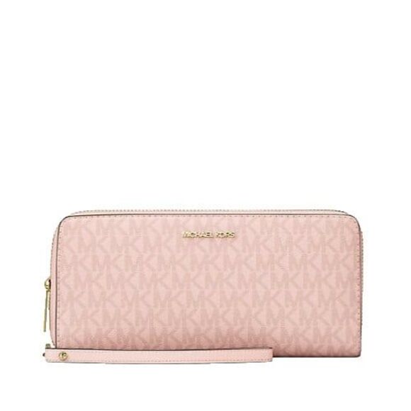 New Michael Kors Jet Set Large Travel Continental Wallet Logo Powder Blush - Picture 1 of 3